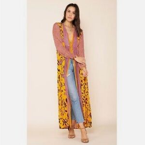 Raga Daze In The Sun Maxi Kimono Size S NWT Yellow‎ & Red Long Sleeve